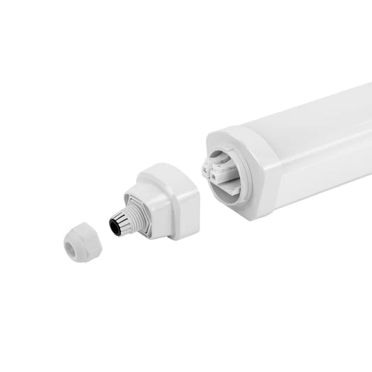 Geöffnete LED-Feuchtraumleuchte mit sichtbarem Quick Connector für Durchgangsverdrahtung