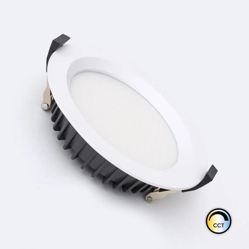LED Downlight rund 13W, weiß RAL9003, mit Samsung CCT Chip und mikroprismatischer Abdeckung.