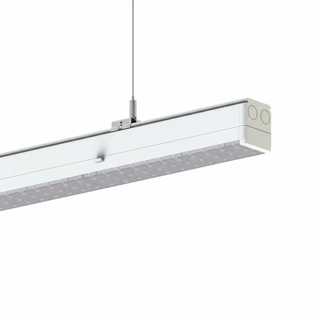 LINEVA LED-Lichtbandsystem in weiß, energieeffiziente Hallenbeleuchtung mit einstellbarer Leistung und Lichtstärke, ideal für Industrie-, Lager- und Produktionsbereiche.